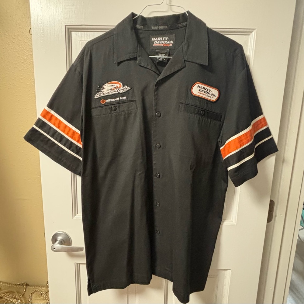 Harley Davidson Racing Button Up Mechanics Shirt EUC